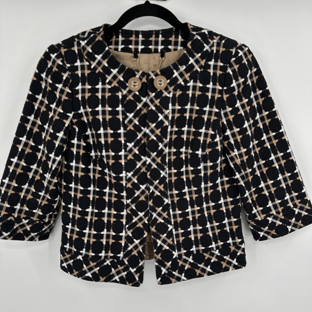 Trina Turk Jacket Womens 6 Black Tan Tweed Plaid Check 3/4 Sleeve Made USA